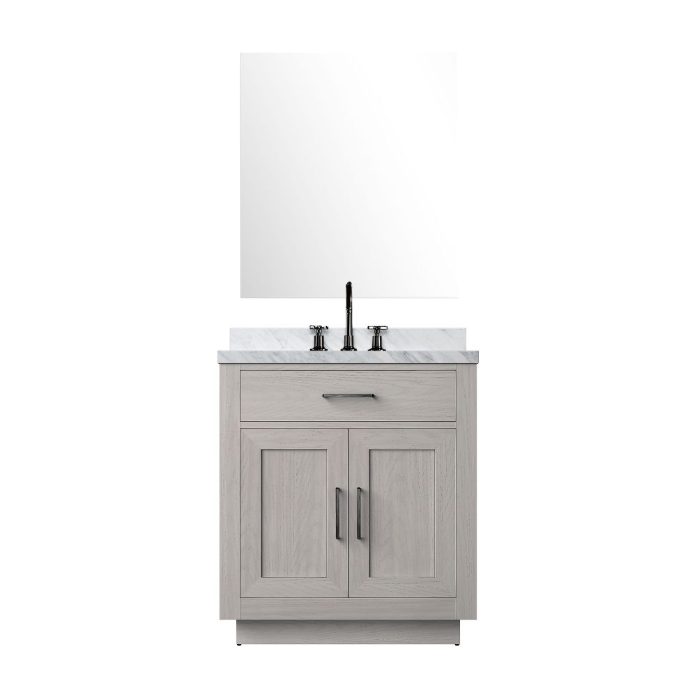 Abbey 30 in W x 22 in. D White Oak Single Bath Vanity Carrara Marble Countertop, 28 in Mirror and Faucet Set