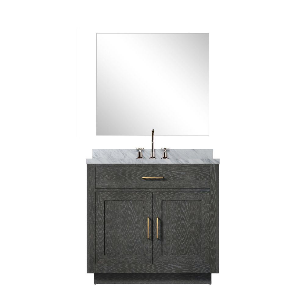 Abbey 36 in W x 22 in. D Black Oak Single Bath Vanity Carrara Marble Countertop, 34 in Mirror and Faucet Set