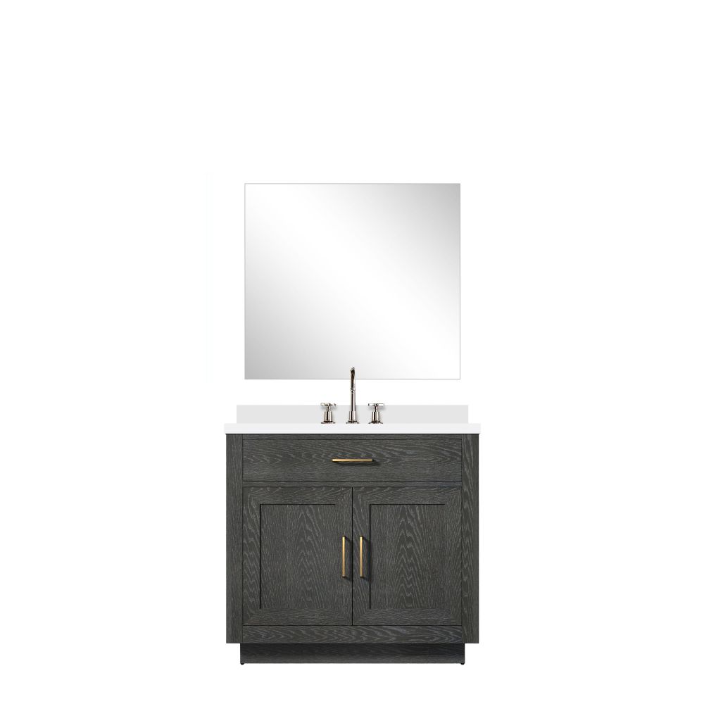 Abbey 36 in W x 22 in. D Black Oak Single Bath Vanity White Quartz Countertop, 34 in Mirror and Faucet Set