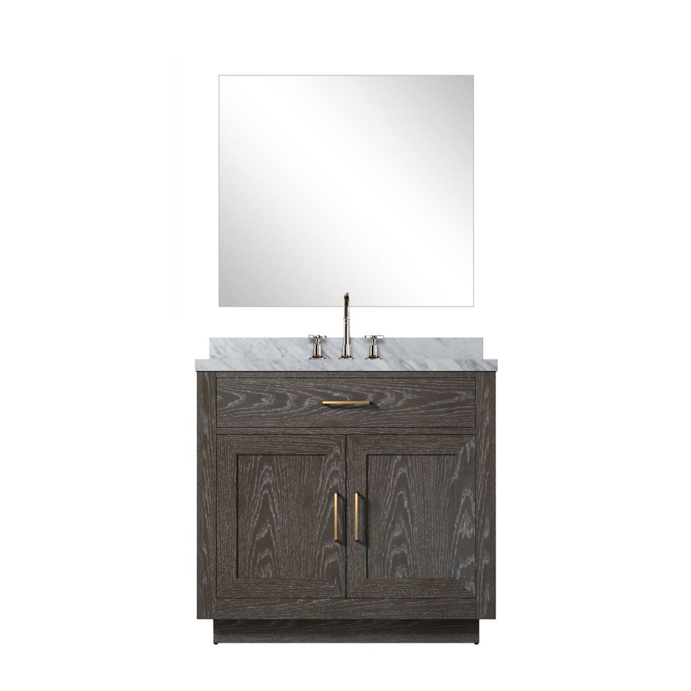 Abbey 36 in W x 22 in. D Brown Oak Single Bath Vanity Carrara Marble Countertop, 34 in Mirror and Faucet Set
