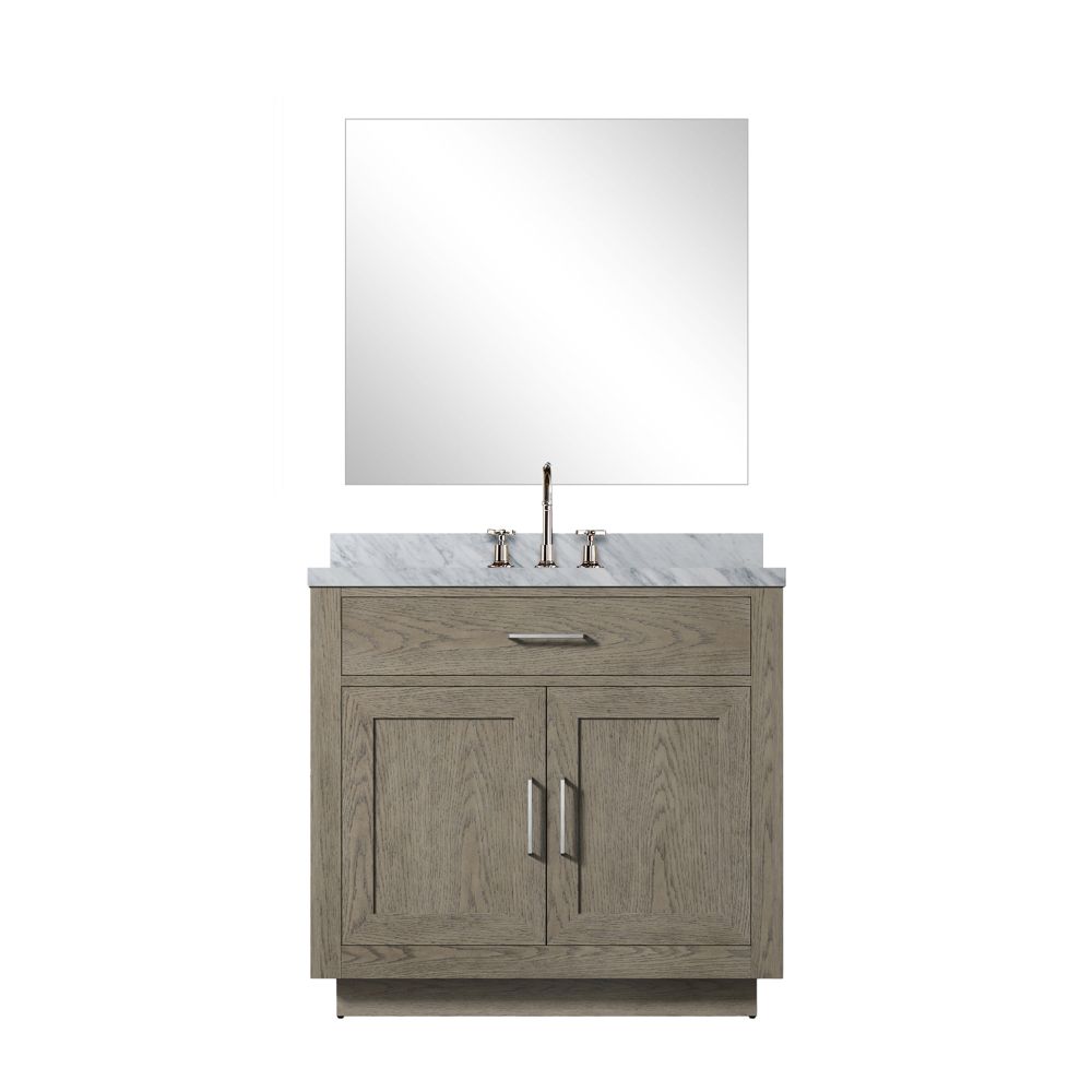 Abbey 36 in W x 22 in. D Grey Oak Single Bath Vanity Carrara Marble Countertop, 34 in Mirror and Faucet Set
