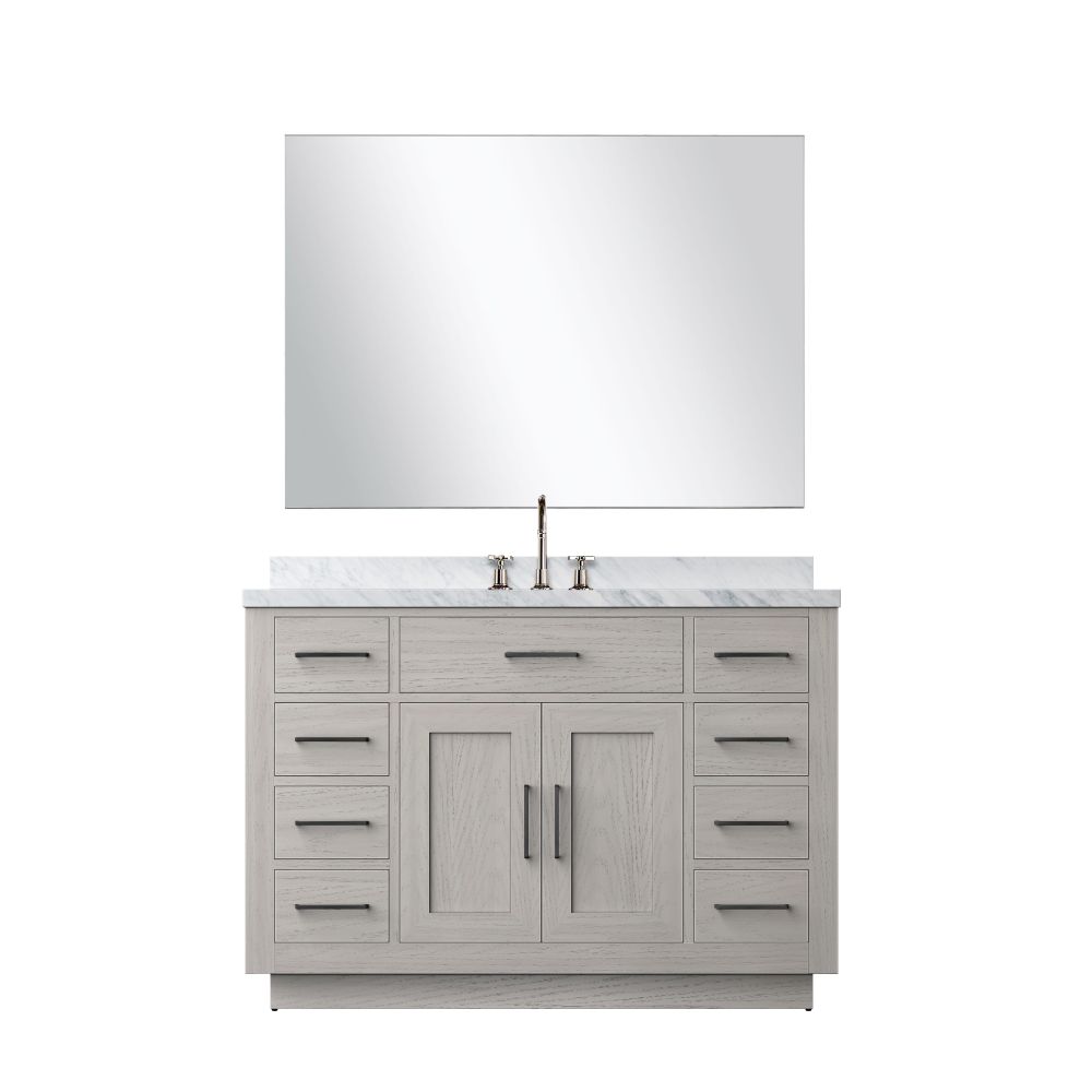 Abbey 48 in W x 22 in. D White Oak Single Bath Vanity Carrara Marble Countertop, 43 in Mirror and Faucet Set