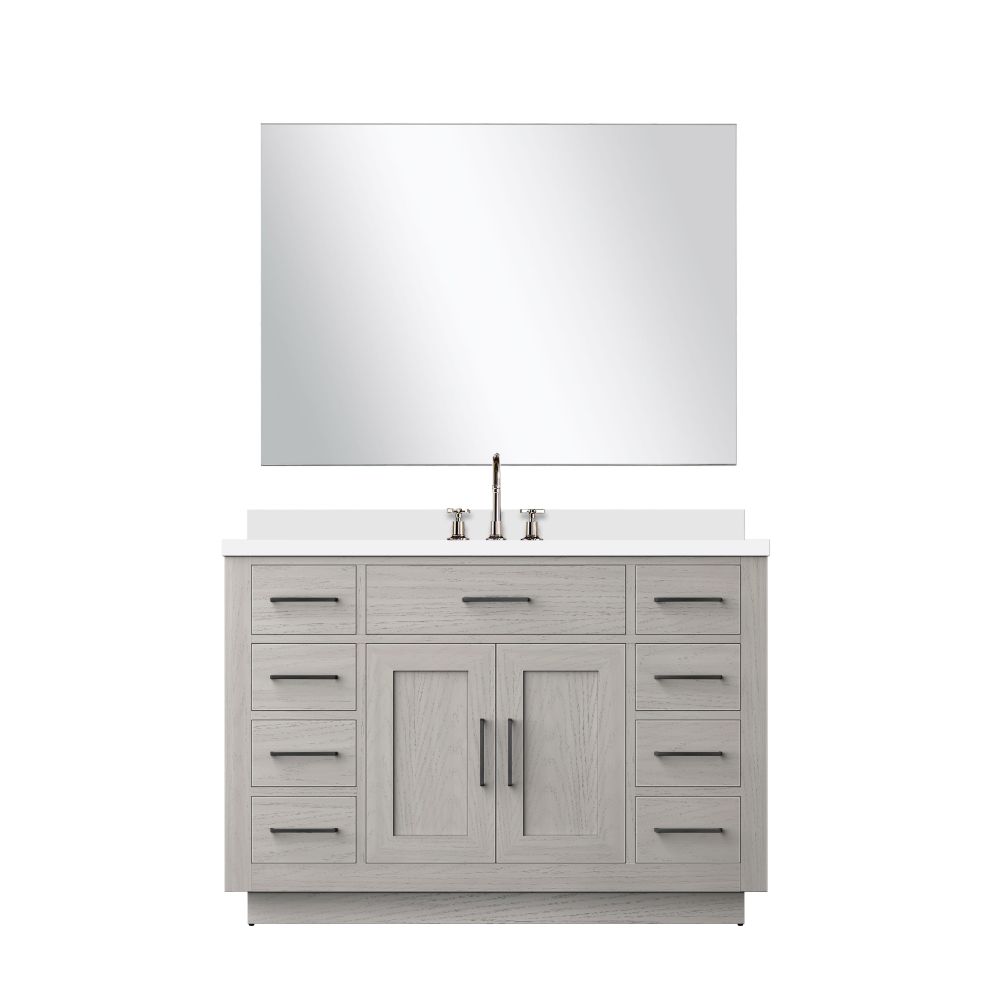 Abbey 48 in W x 22 in. D White Oak Single Bath Vanity White Quartz Countertop, 43 in Mirror and Faucet Set