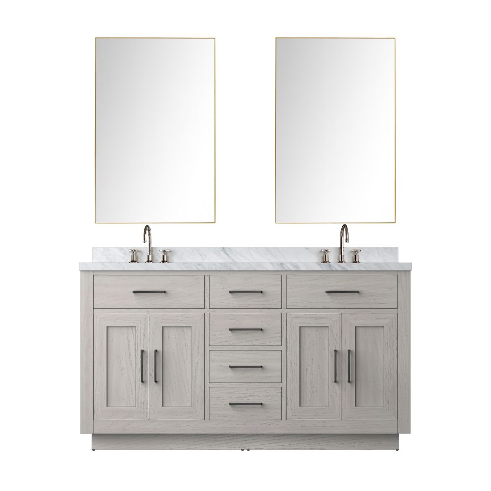 Abbey 60 in W x 22 in. D White Oak Double Bath Vanity Carrara Marble Countertop, 55 in Mirror and Faucet Set