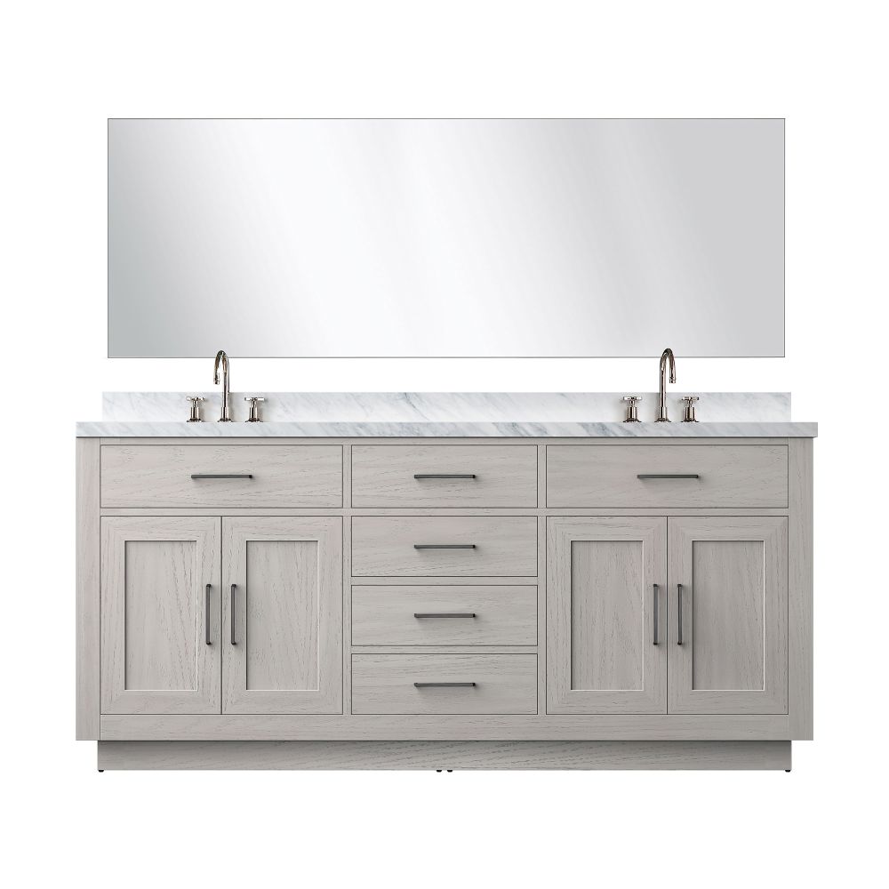 Abbey 72 in W x 22 in. D White Oak Double Bath Vanity Carrara Marble Countertop, 70 in Mirror and Faucet Set