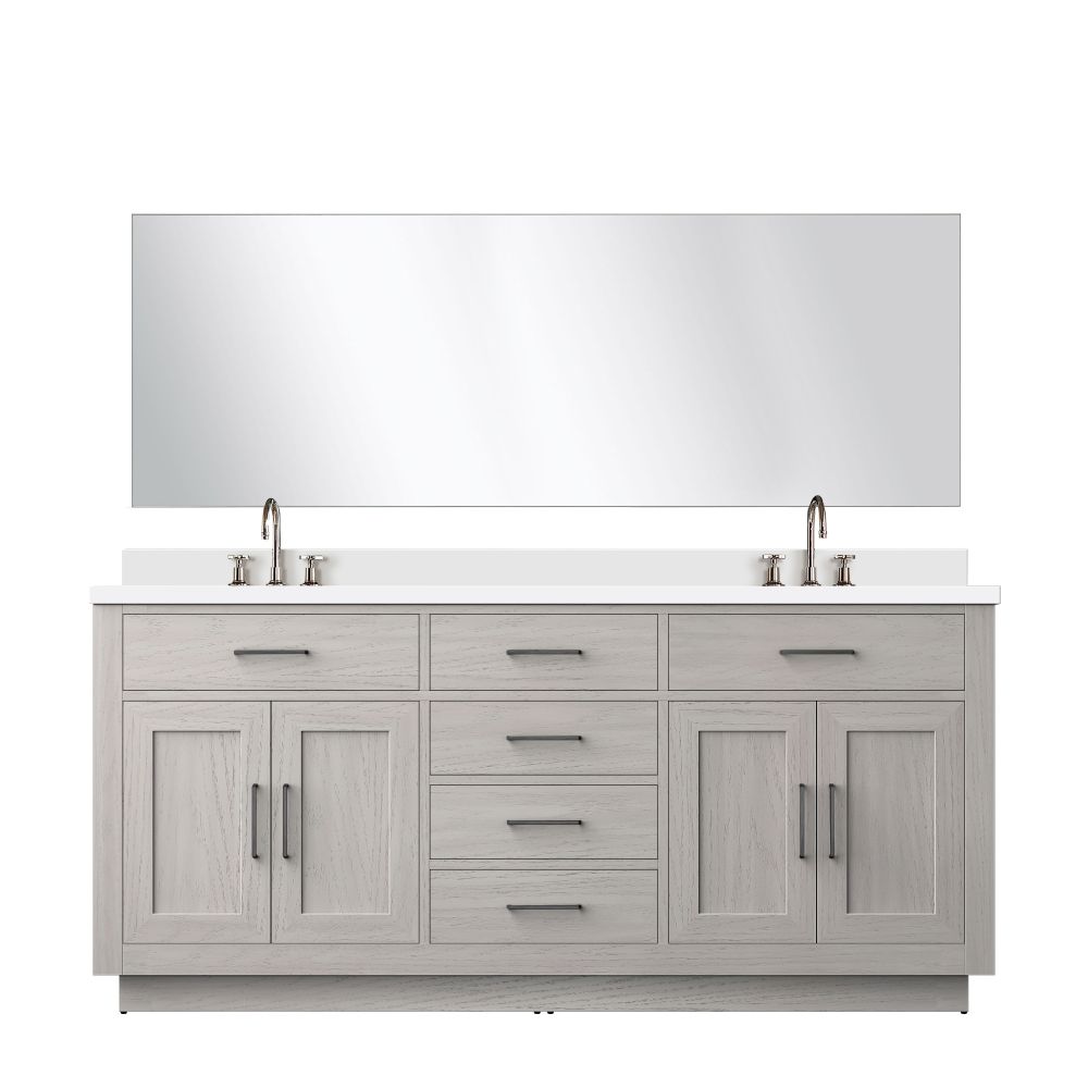Abbey 72 in W x 22 in. D White Oak Double Bath Vanity Cultured Marble Countertop, 70 in Mirror and Faucet Set