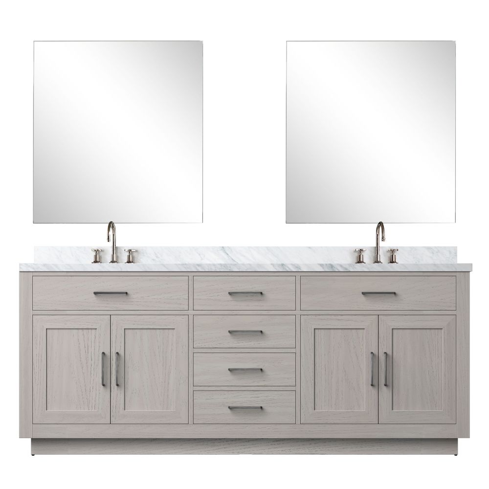 Abbey 80 in W x 22 in. D White Oak Double Bath Vanity Carrara Marble Countertop, 30 in Mirrors and Faucet Set