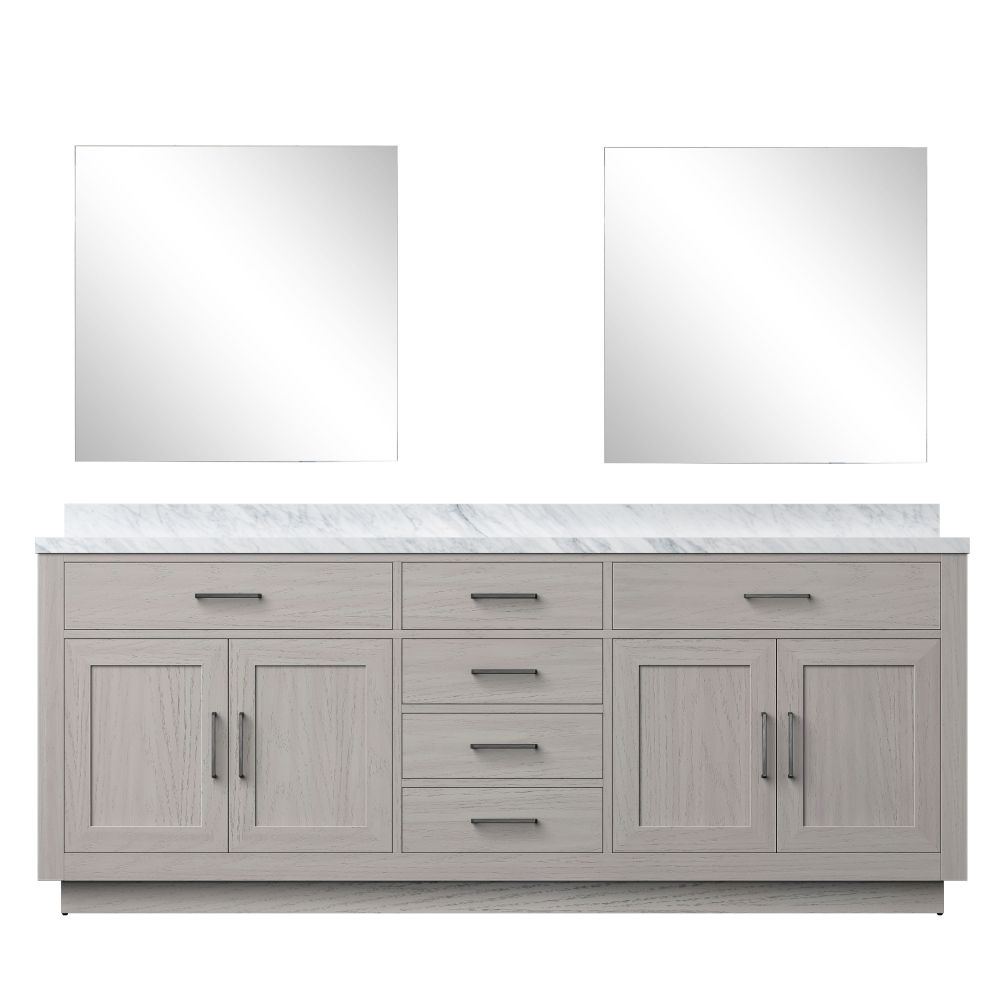 Abbey 84 in W x 22 in. D White Oak Double Bath Vanity Carrara Marble Countertop and 34 in Mirrors
