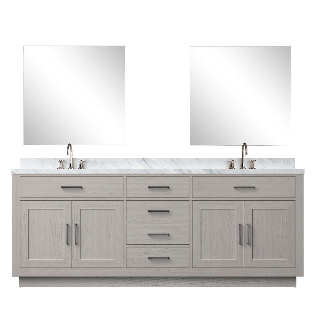 Abbey 84 in W x 22 in. D White Oak Double Bath Vanity Carrara Marble Countertop, 34 in Mirrors and Faucet Set