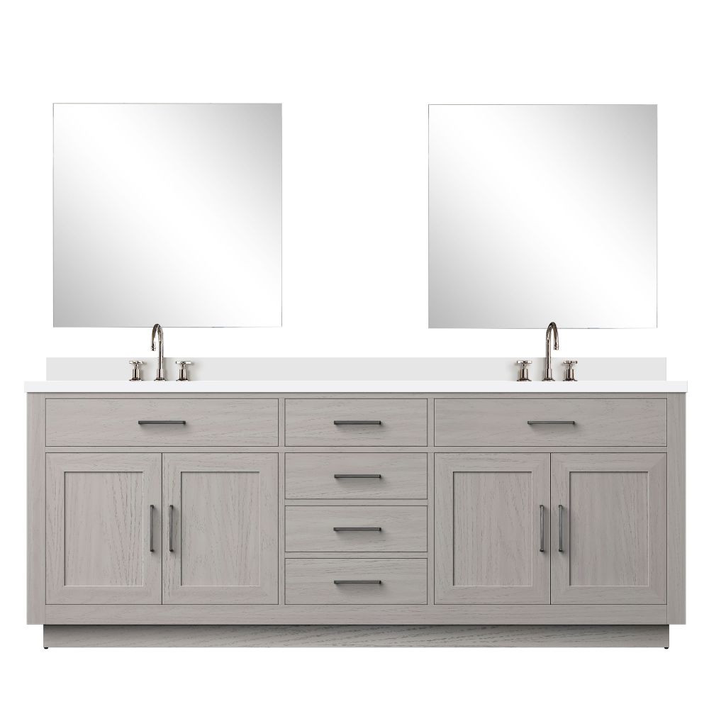 Abbey 84 in W x 22 in. D White Oak Double Bath Vanity Cultured Marble Countertop, 34 in Mirrors and Faucet Set
