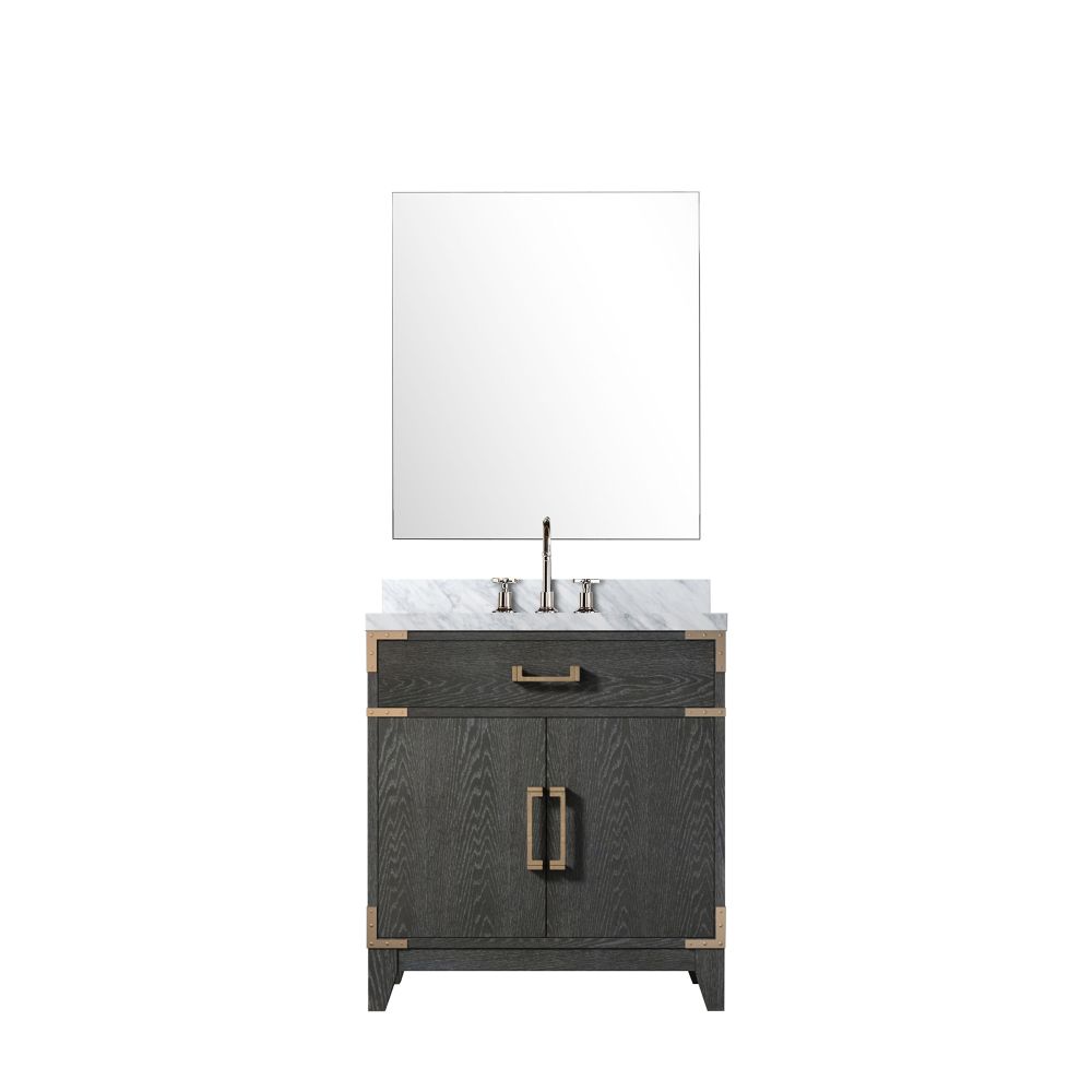 Laurel 30 in W x 22 in. D Black Oak Single Bath Vanity Carrara Marble Countertop, 28 in Mirror and Faucet Set