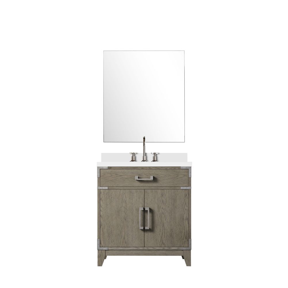 Laurel 30 in W x 22 in. D Grey Oak Single Bath Vanity White Quartz Countertop, 28 in Mirror and Faucet Set