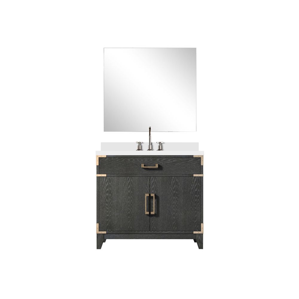 Laurel 36 in W x 22 in. D Black Oak Single Bath Vanity White Quartz Countertop, 34 in Mirror and Faucet Set