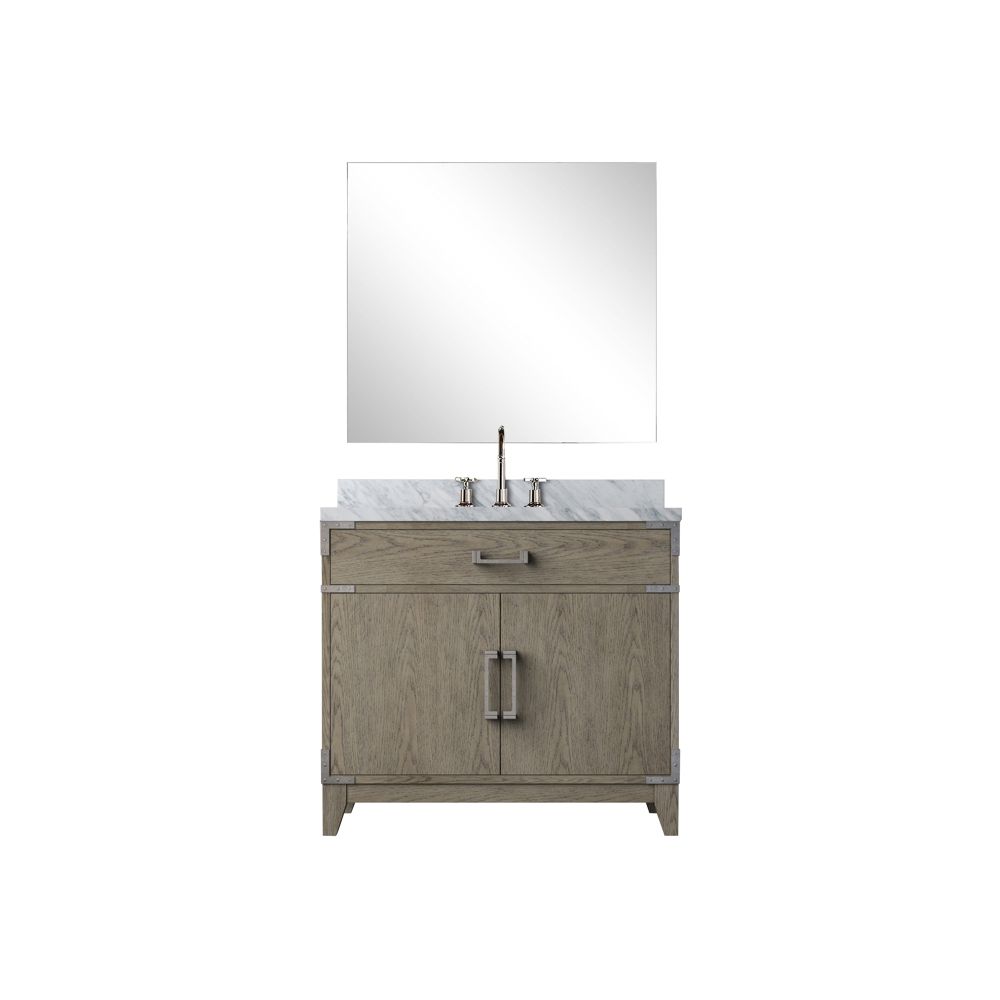 Laurel 36 in W x 22 in. D Grey Oak Single Bath Vanity Carrara Marble Countertop, 34 in Mirror and Faucet Set