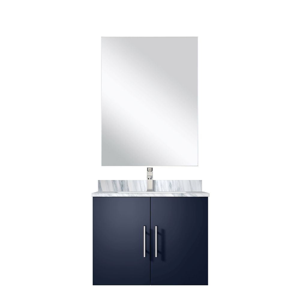 Geneva 24 in W x in. D Navy Blue Single Bath Vanity Carrara Marble Countertop, 18 in Mirror and Faucet Set