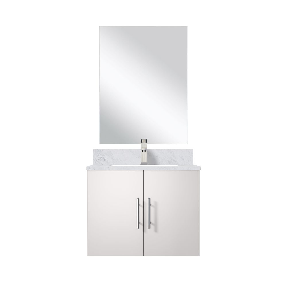 Geneva 24 in W x in. D Glossy White Single Bath Vanity Carrara Marble Countertop, 18 in Mirror and Faucet Set