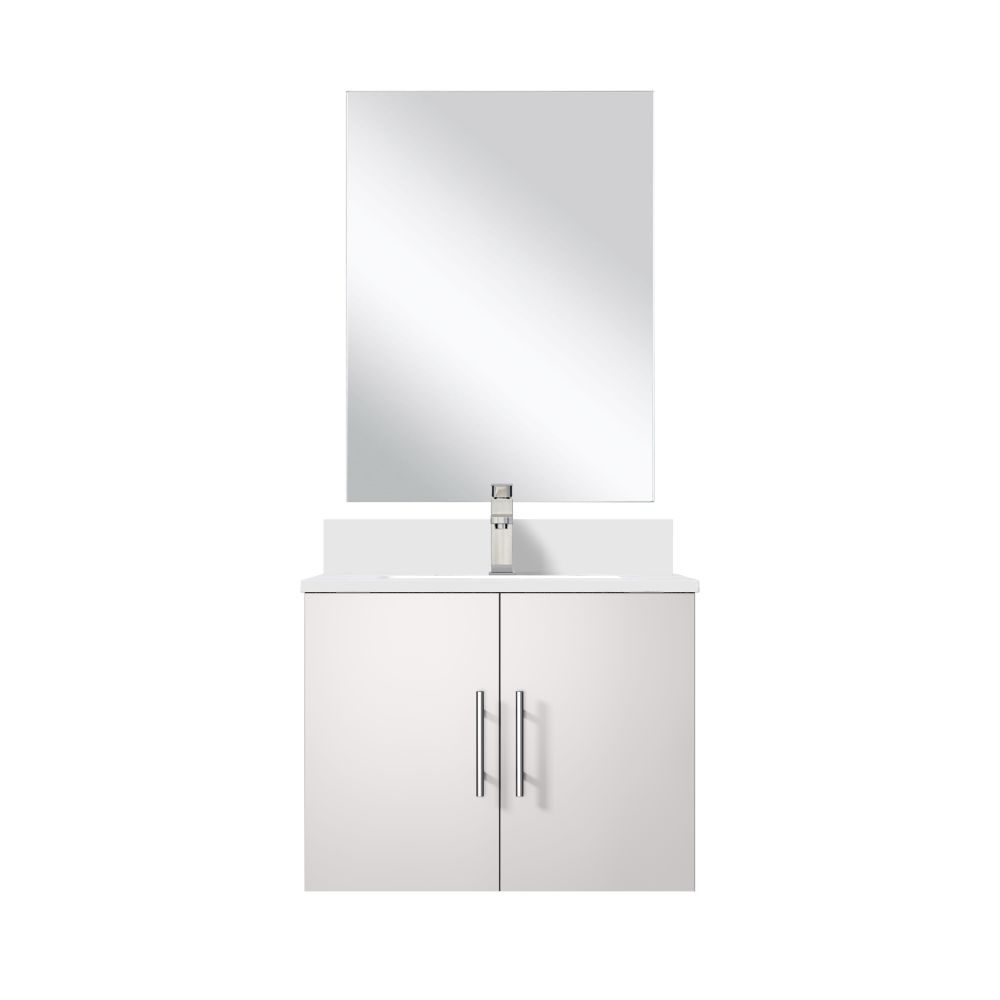 Geneva 24 in W x in. D Glossy White Single Bath Vanity White Quartz Countertop, 18 in Mirror and Faucet Set