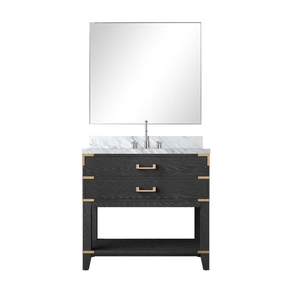 Norwalk 36 in W x 22 in. D Black Oak Single Bath Vanity Carrara Marble Countertop, 34 in Mirror and Faucet Set
