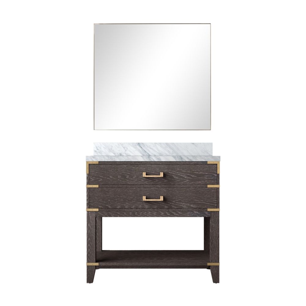 Norwalk 36 in W x 22 in. D Brown Oak Single Bath Vanity Carrara Marble Countertop and 34 in Mirror