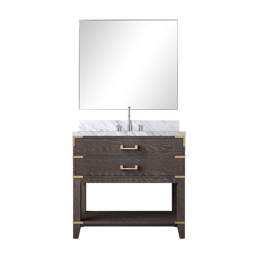 Norwalk 36 in W x 22 in. D Brown Oak Single Bath Vanity Carrara Marble Countertop, 34 in Mirror and Faucet Set