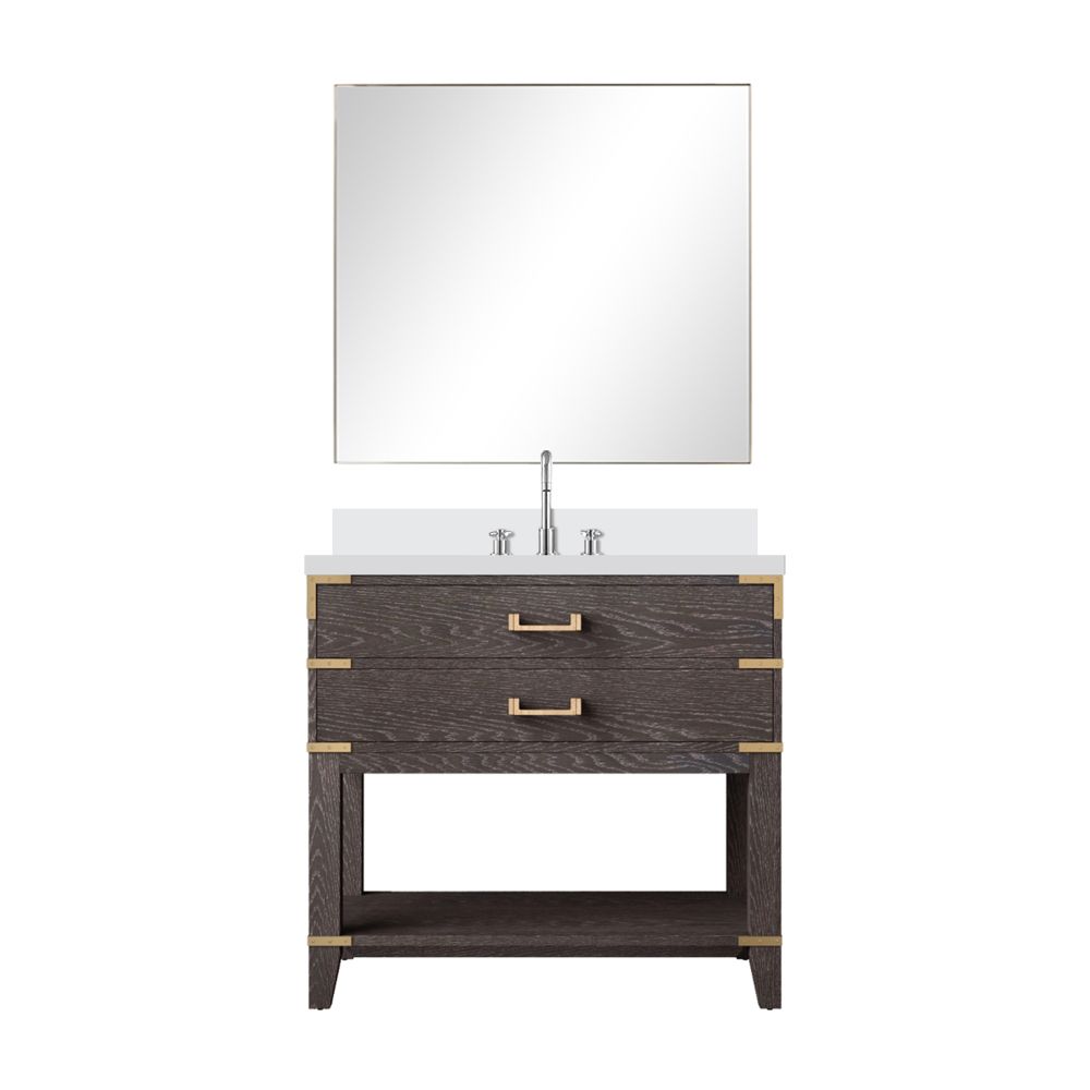 Norwalk 36 in W x 22 in. D Brown Oak Single Bath Vanity White Quartz Countertop, 34 in Mirror and Faucet Set