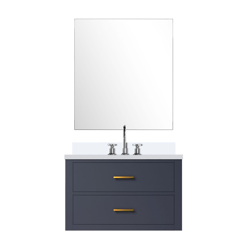 Castor 30 in W x 22 in. D Blue Single Bath Vanity White Quartz Countertop, 28 in Mirror and Faucet Set