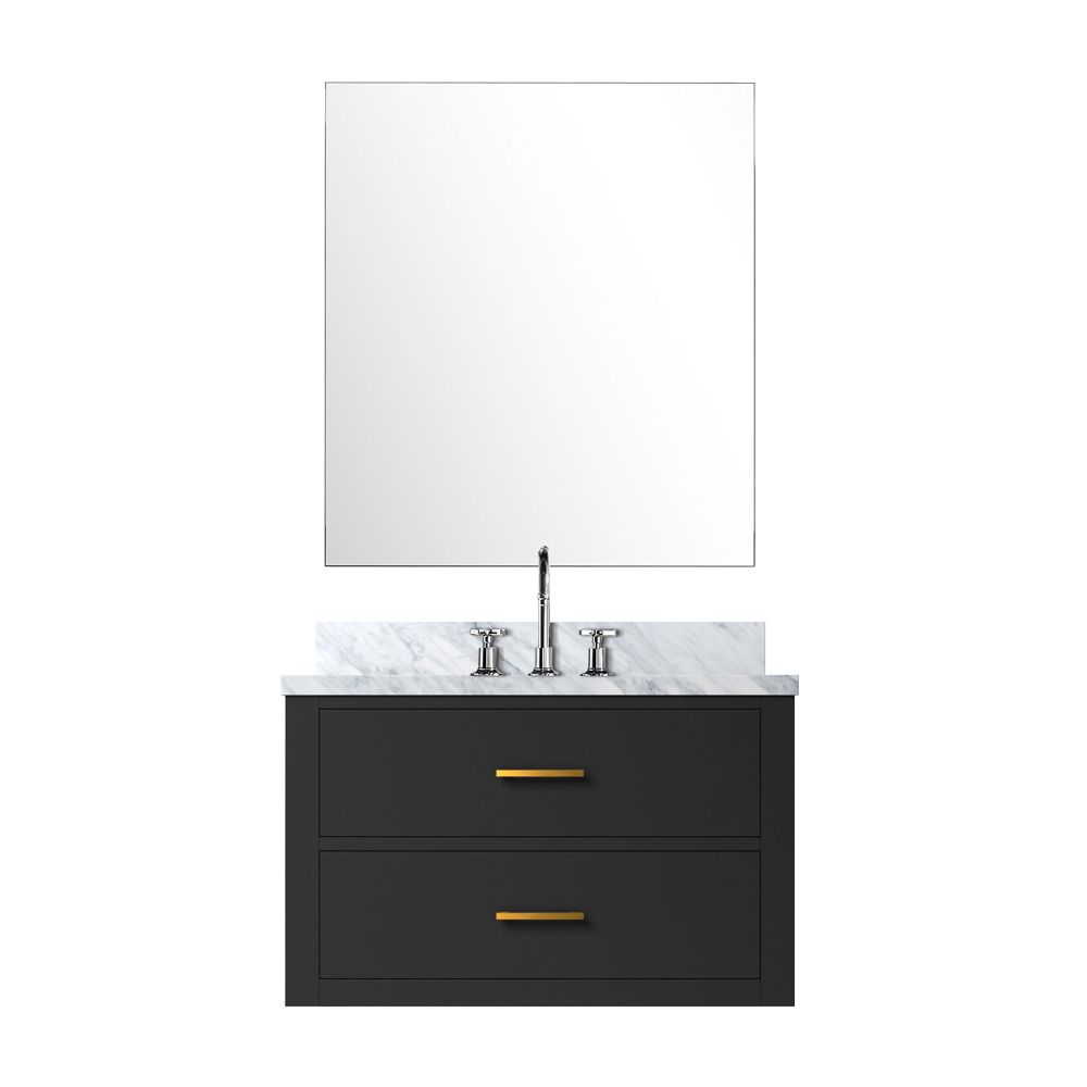 Castor 30 in W x 22 in. D Black Single Bath Vanity Carrara Marble Countertop, 28 in Mirror and Faucet Set