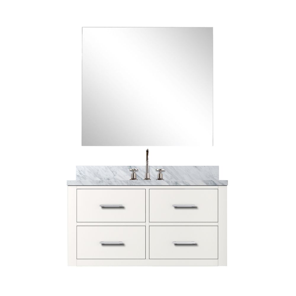 Castor 36 in W x 22 in. D White Single Bath Vanity Carrara Marble Countertop, 34 in Mirror and Faucet Set