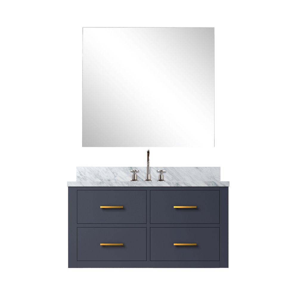 Castor 36 in W x 22 in. D Blue Single Bath Vanity Carrara Marble Countertop, 34 in Mirror and Faucet Set