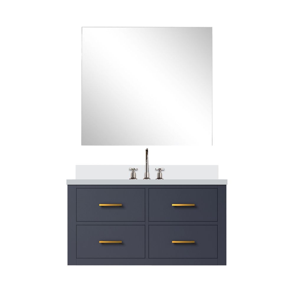 Castor 36 in W x 22 in. D Blue Single Bath Vanity White Quartz Countertop, 34 in Mirror and Faucet Set