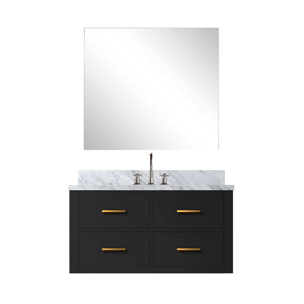 Castor 36 in W x 22 in. D Black Single Bath Vanity Carrara Marble Countertop, 34 in Mirror and Faucet Set
