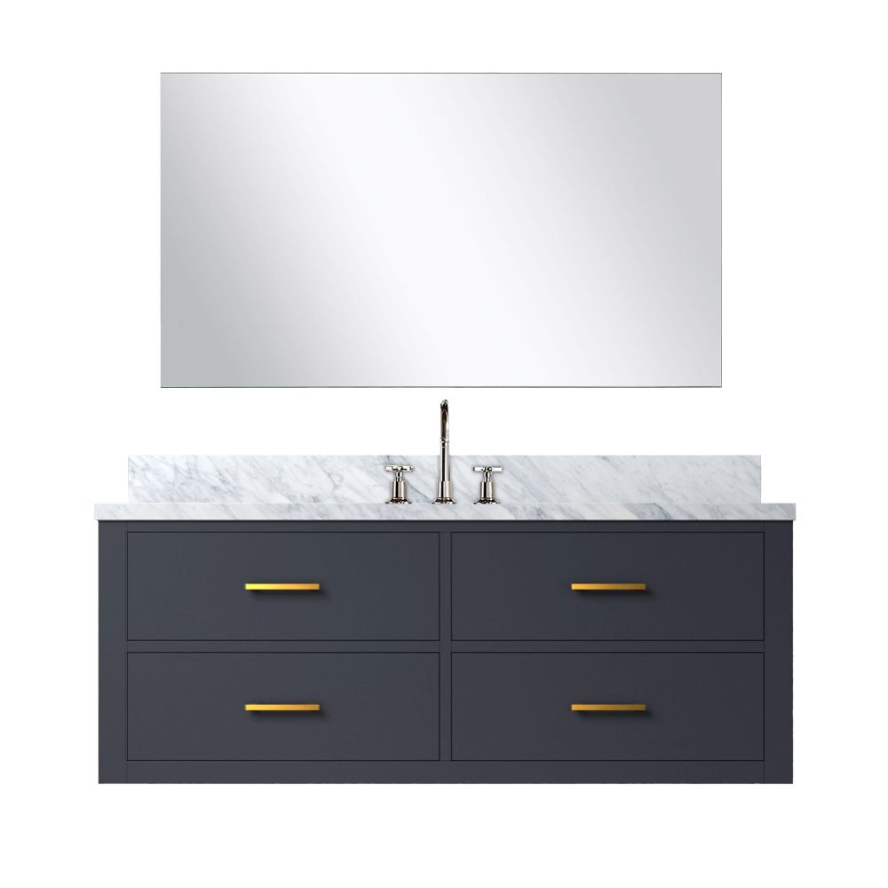 Castor 48 in W x 22 in. D Blue Single Bath Vanity Carrara Marble Countertop, 43 in Mirror and Faucet Set