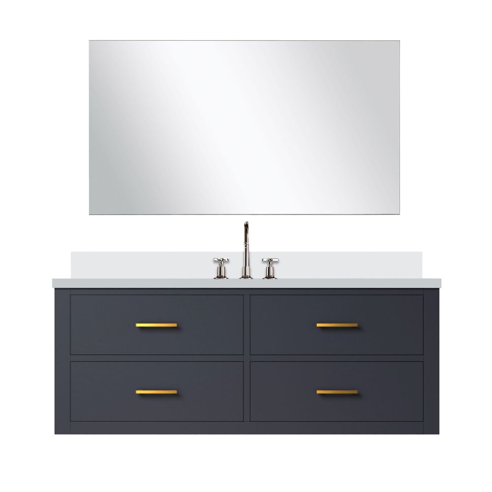 Castor 48 in W x 22 in. D Blue Single Bath Vanity White Quartz Countertop, 43 in Mirror and Faucet Set