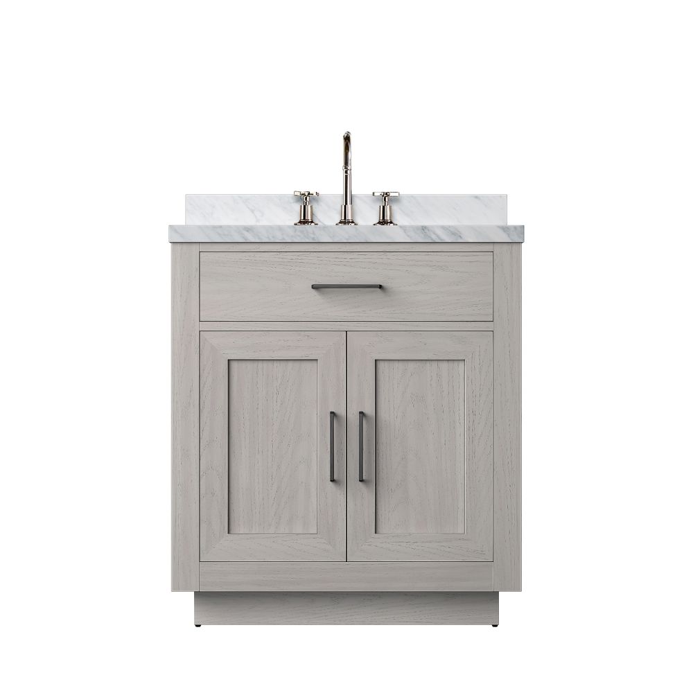 Abbey 30 in W x 22 in. D White Oak Single Bath Vanity, Carrara Marble Top, and Faucet Set