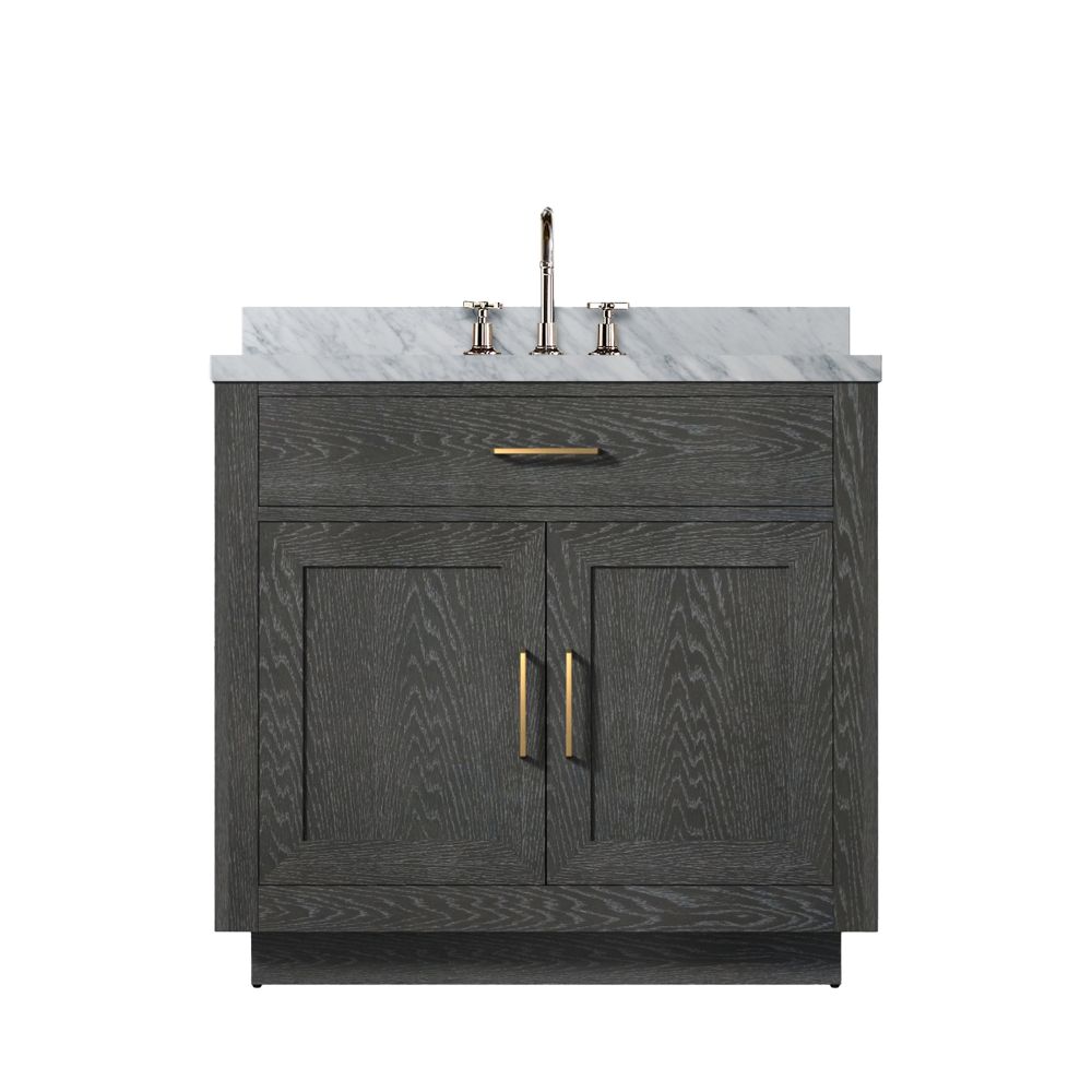 Abbey 36 in W x 22 in. D Black Oak Single Bath Vanity, Carrara Marble Top, and Faucet Set
