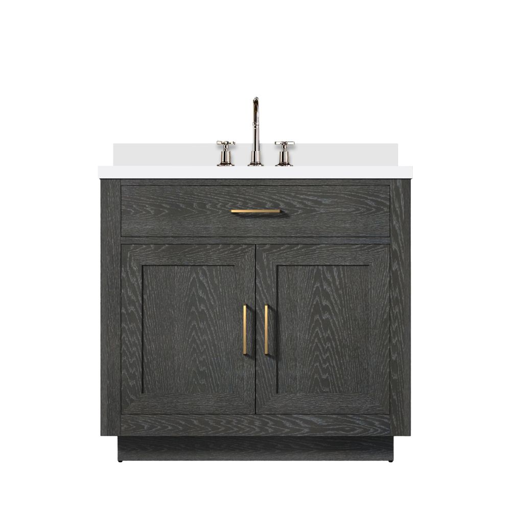 Abbey 36 in W x 22 in. D Black Oak Single Bath Vanity, White Quartz Top, and Faucet Set