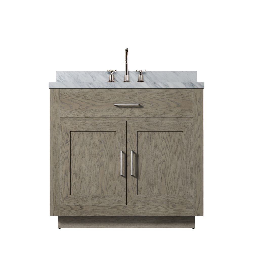 Abbey 36 in W x 22 in. D Grey Oak Single Bath Vanity, Carrara Marble Top, and Faucet Set