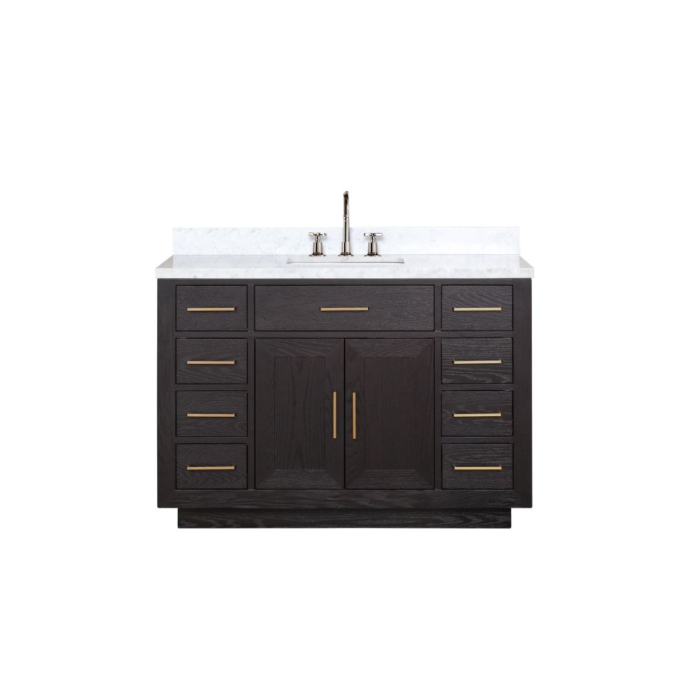 Abbey 48 in W x 22 in. D Black Oak Single Bath Vanity, Carrara Marble Top, and Faucet Set
