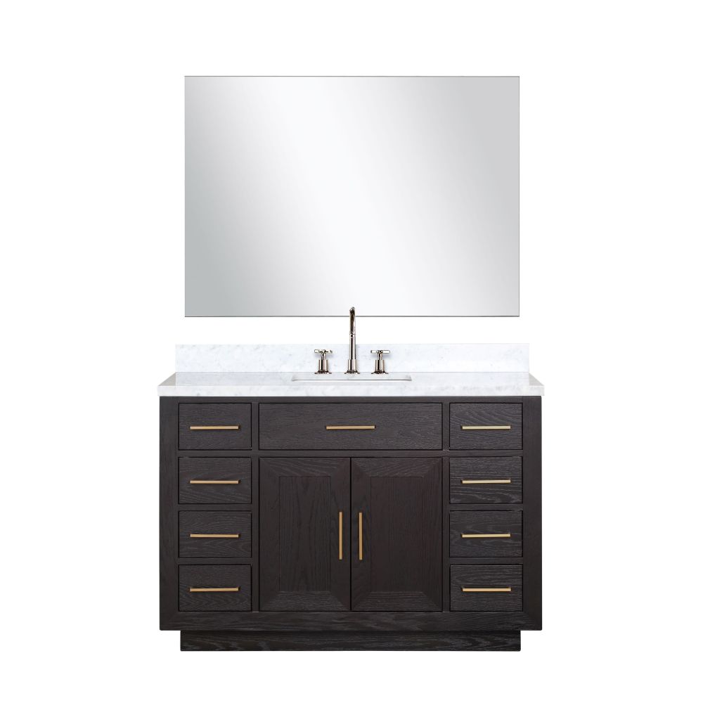 Abbey 48 in W x 22 in. D Black Oak Single Bath Vanity, Carrara Marble Top, Faucet Set, and 46 in Mirror