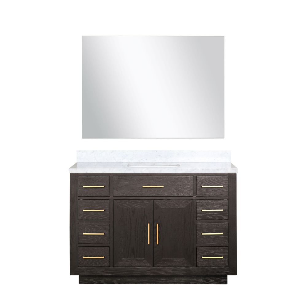 Abbey 48 in W x 22 in. D Brown Oak Single Bath Vanity, Carrara Marble Top, and 46 in Mirror