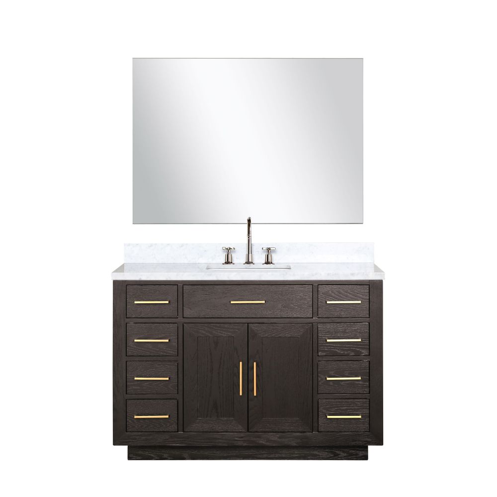 Abbey 48 in W x 22 in. D Brown Oak Single Bath Vanity, Carrara Marble Top, Faucet Set, and 46 in Mirror