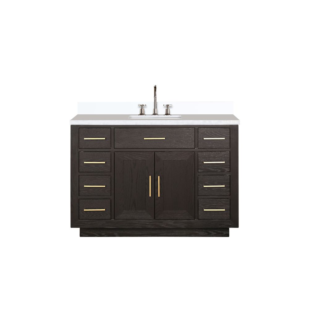 Abbey 48 in W x 22 in. D Brown Oak Single Bath Vanity, White Quartz Top, and Faucet Set