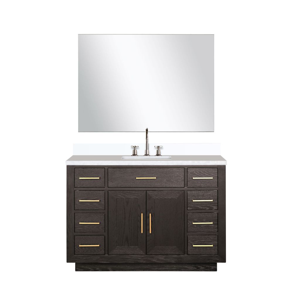 Abbey 48 in W x 22 in. D Brown Oak Single Bath Vanity, White Quartz Top, Faucet Set, and 46 in Mirror