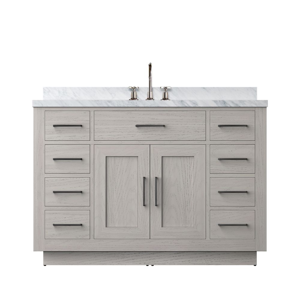 Abbey 48 in W x 22 in. D White Oak Single Bath Vanity, Carrara Marble Top, and Faucet Set