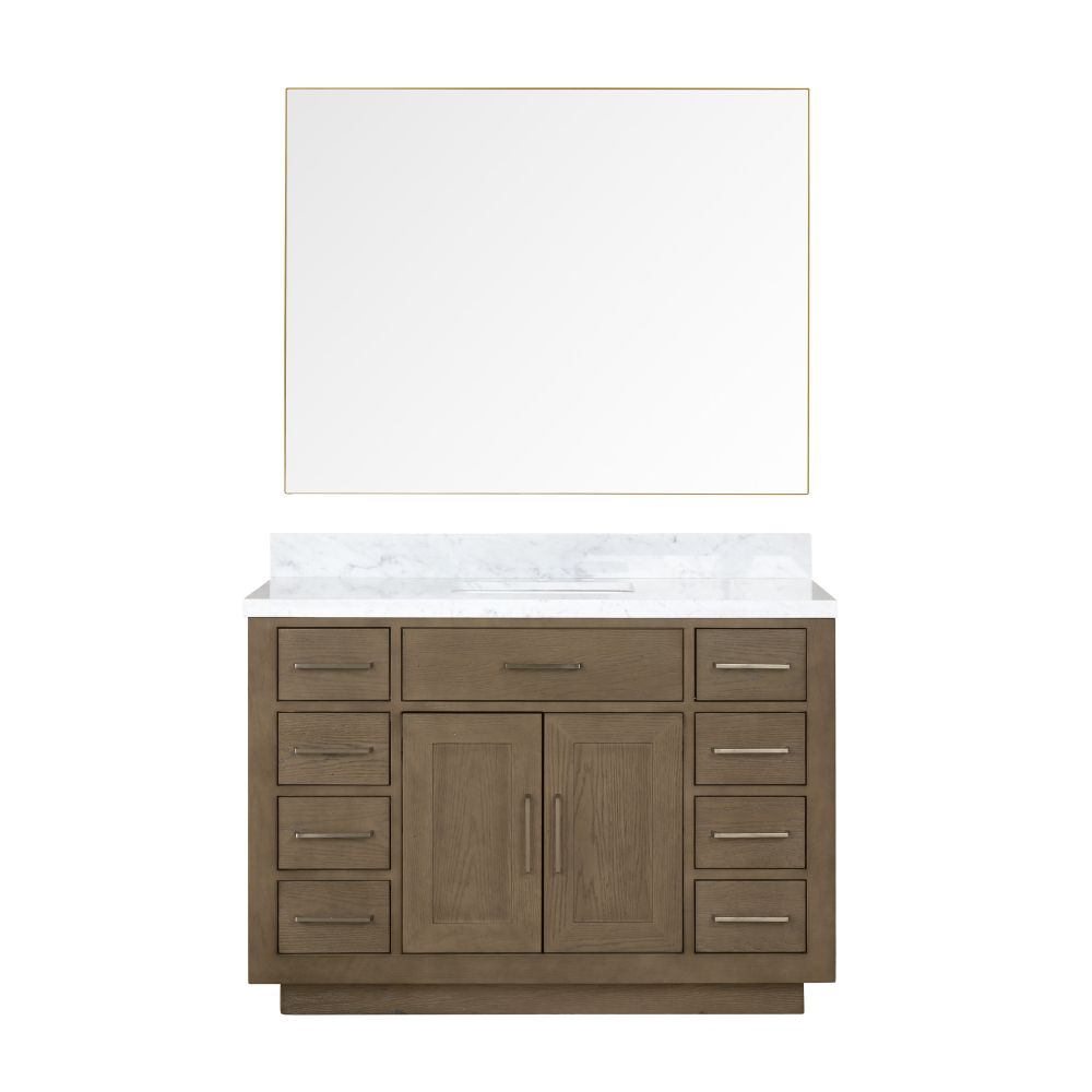 Abbey 48 in W x 22 in. D Grey Oak Single Bath Vanity, Carrara Marble Top, and 46 in Mirror