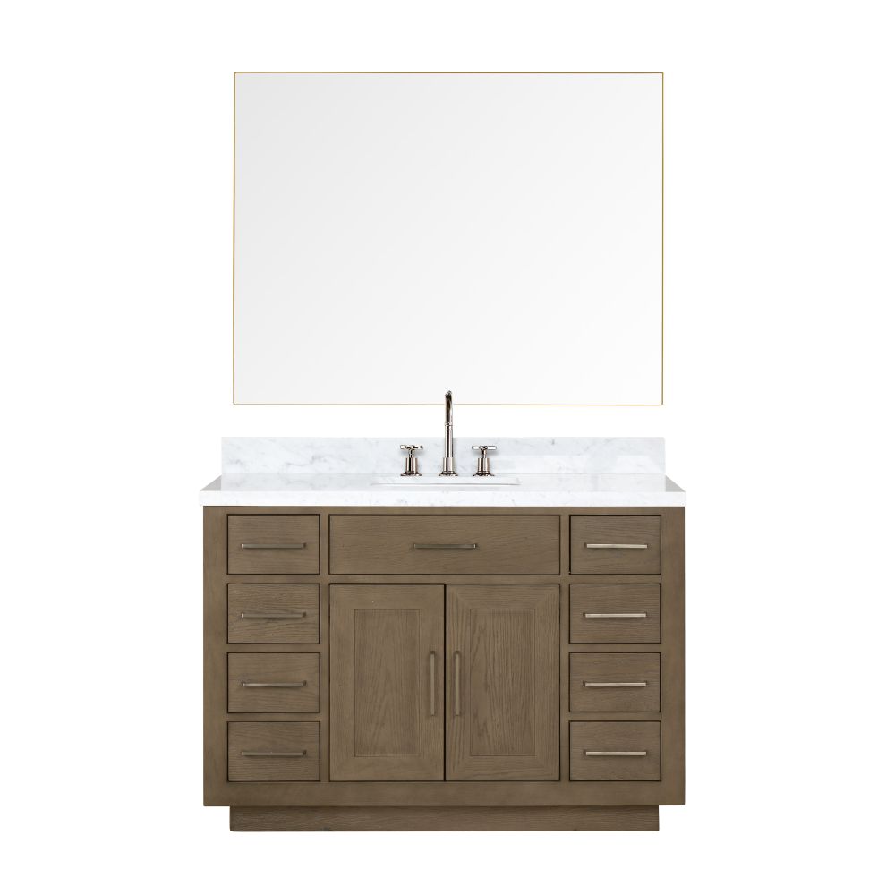 Abbey 48 in W x 22 in. D Grey Oak Single Bath Vanity, Carrara Marble Top, Faucet Set, and 46 in Mirror