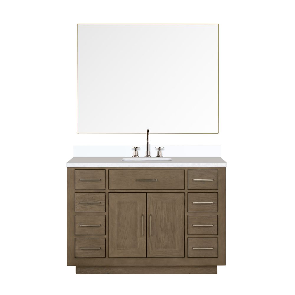 Abbey 48 in W x 22 in. D Grey Oak Single Bath Vanity, Cultured Marble Top, Faucet Set, and 46 in Mirror