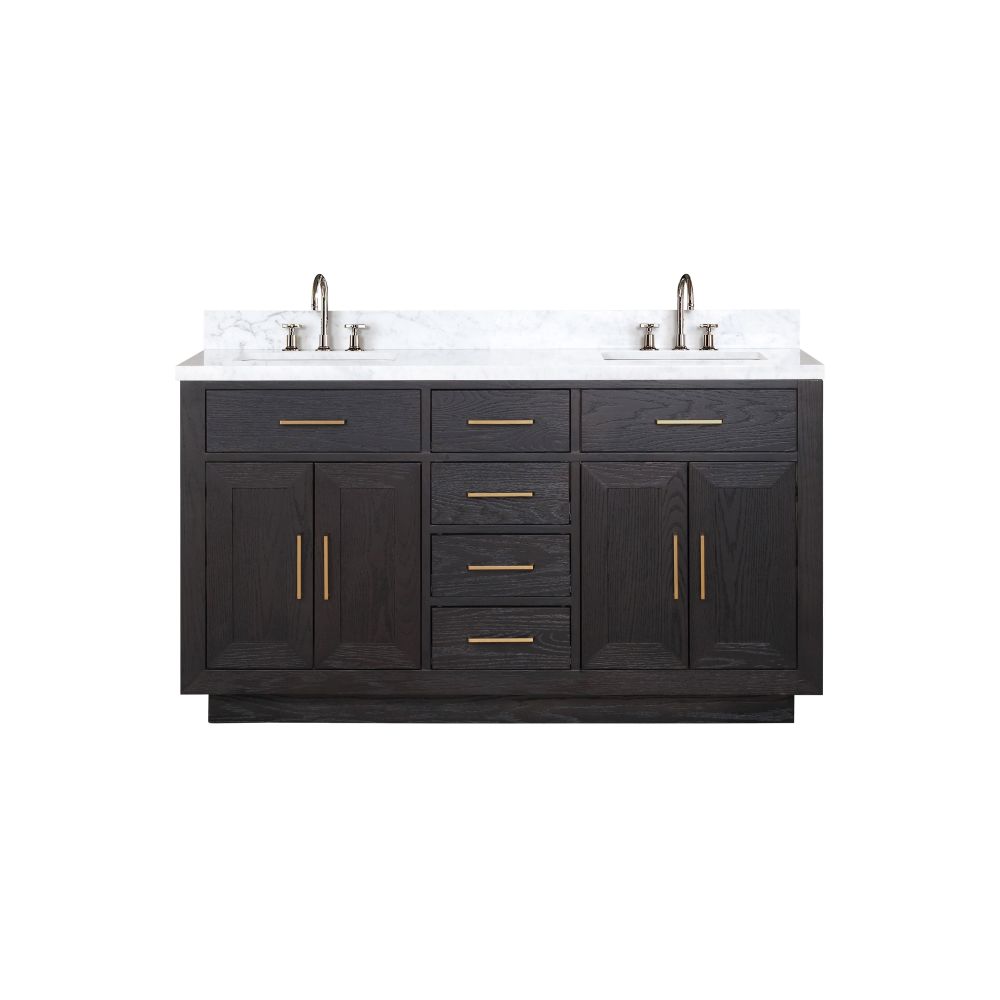 Abbey 60 in W x 22 in. D Black Oak Double Bath Vanity, Carrara Marble Top, and Faucet Set
