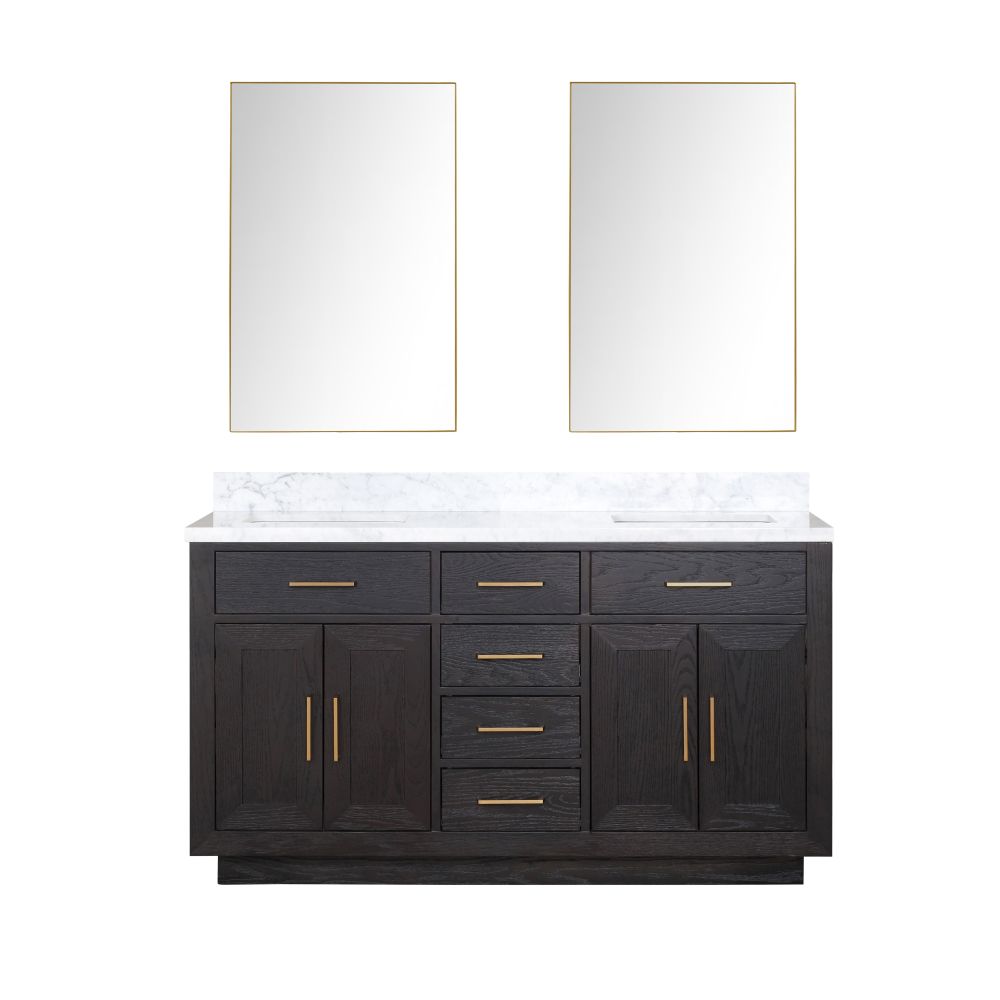 Abbey 60 in W x 22 in. D Black Oak Double Bath Vanity, Carrara Marble Top, and 28 in Mirrors