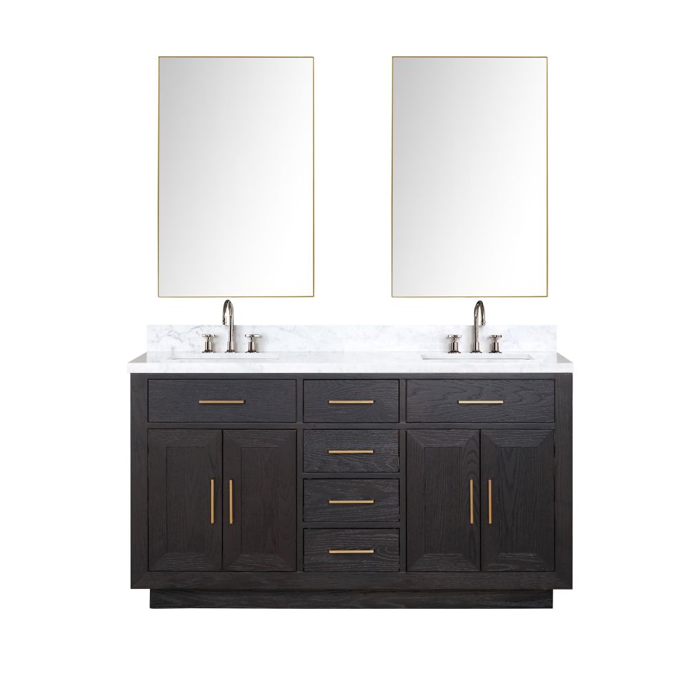 Abbey 60 in W x 22 in. D Black Oak Double Bath Vanity, Carrara Marble Top, Faucet Set, and 28 in Mirrors